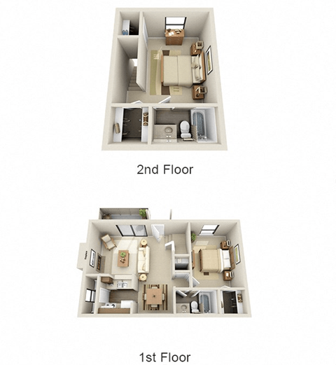 Two images of a house showing the first and second floor layouts.